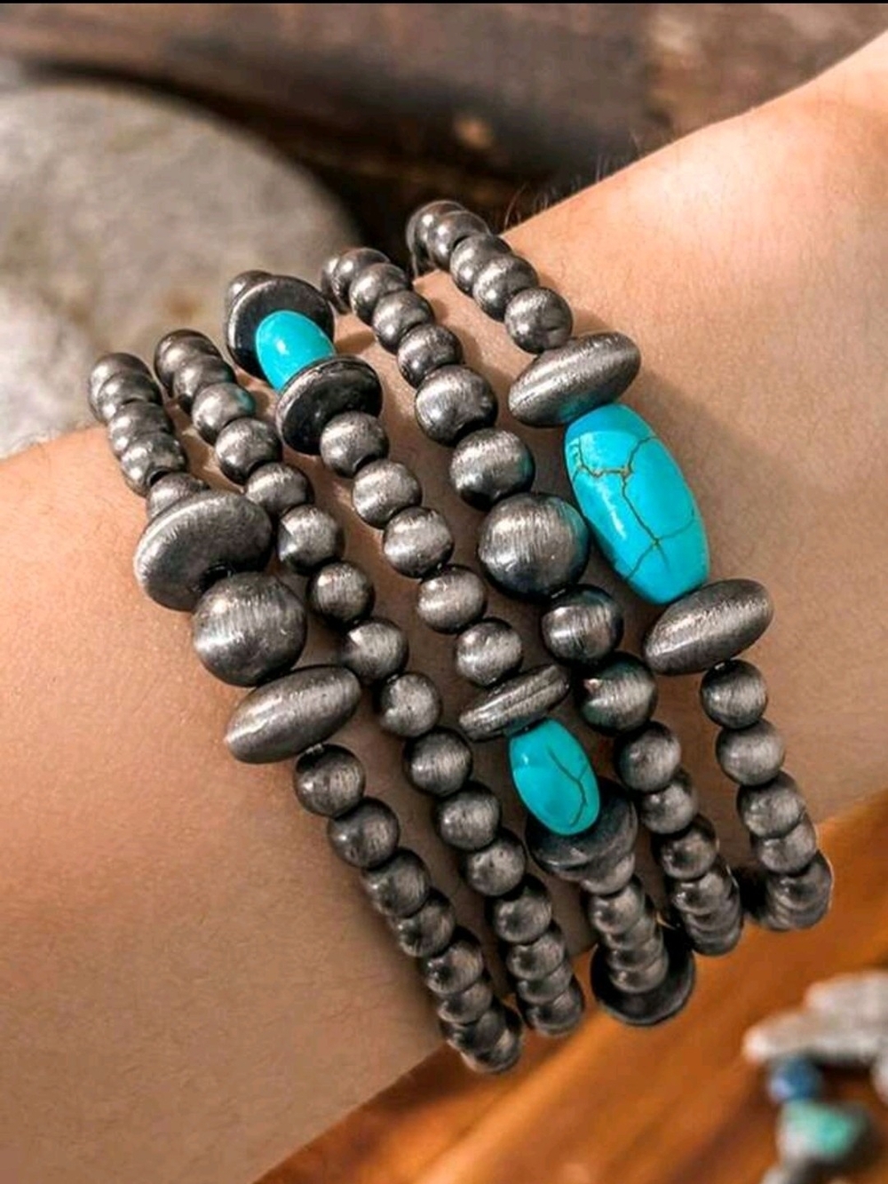 Turquoise Stone Multi-Strand Bracelet - Faux Navajo Pearls